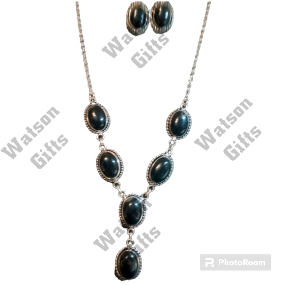 NWOT Genuine Black Onyx Silver Overlay Necklace With Matching Earrings - Picture 1 of 3